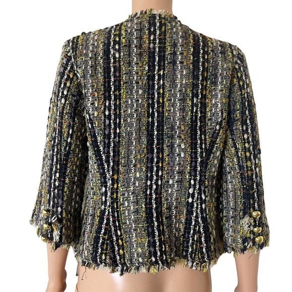 CAbi Paris tweed blouce blazer Boucle Brown Tweed Fringed Gold Buttons Women's - Picture 3 of 12